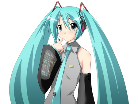 Hatsune Miku - tie, pretty, artistic, pink, uniform, headphones, nice, program, beauty, virtual, cg, white, cute, aqua eyes, song, thinking, outfit, vocaloid, anime, twintail, hatsune miku, microphone, music, aqua, art, idol, anime girl, beautiful, singer, girl, blush, cool, black, miku, awesome, diva, digital, aqua hair, hatsune, vocaloids, headset