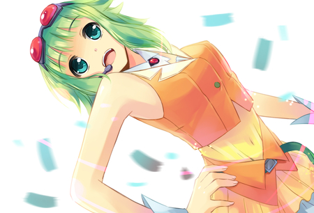 glow - anime, greeen hair, girl, light, microphone, happy, orange outfit, goggals, smile, glowing, blue eyes