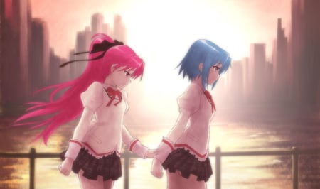 sorrow - sunlight, girl, walking, pink hair, black ribbon, on brigde, school uniform, blue hair, pretty, river, city, friends, aime