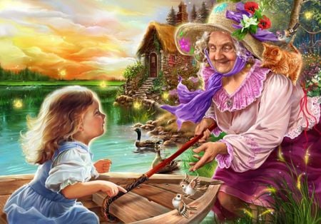 Granny  Magic - hat, house, birds, boat, girl, child, wonder, cane, lady, lake, ducks