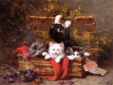 Leon Huber painting - painting, art, cat, holiday, kitten, christmas