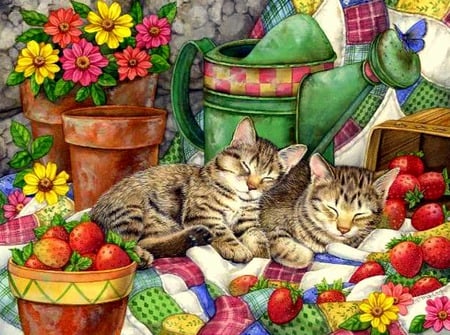 Peaceful Sleep - strawberries, flowerpots, flowers, quilt, felines, kitens, fruit, cats, watering can