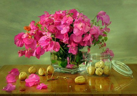 Pinks And Nuts - flowers, vase, nuts, table, pink, still life, jar