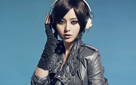 White Headphone - pretty, headphone, white, blue, beautiful, girl, asian