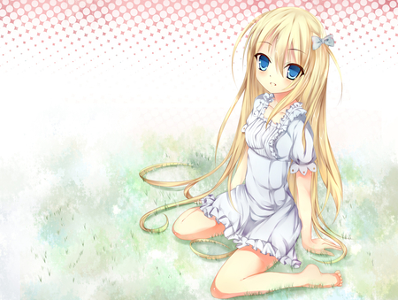 Anime - head band, white, dress, blush, blonde hair, long hair, blue eyes