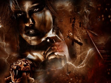 deathsnake mission - woman, teeth, bokeh, sky, female, collage, broken, eyes, track, fantasy, gothic, weird, horror, dusk, fractal, smoke, wallpaper, snake, sepia, dawn, wonderfull, lightning