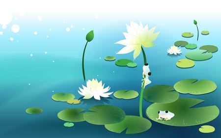 Tinie Frogs - water lily, blue, frogs, green, pond