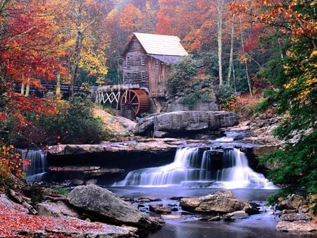 Glade Creek Grist Mill - house, watermill, water, autumn, mill, virginia, color, forest