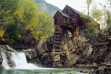 Old Crystal Mill Colorado - ladder, sky, falls, trees, stream, waterfalls, mill, waterfall, nature, crystal, forest, colorado, rock