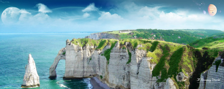 Dreamy World - nature, ship, rock, dual monitor, mountain, sky, dual screen