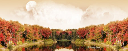 Dreamy World - clouds, trees, dual screen, forests, autumn, dual monitor, lake, color, sky