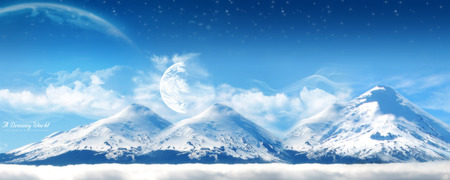 Dreamy World - dual screen, sky, dual monitor, mountains, winter, clouds, snow