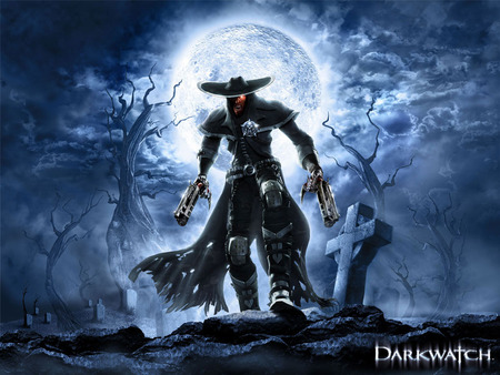 Darkwatch - gun, sky, trees, hat, video game, jerico cross, angry, black, vampire, fantasy, cross, cool, dark, game, man, horror, thunder, moon, 2005, cemetery, wild west, night, games, alone, adventure, darkwatch, action, weapon, guns, hunter, curse of the west