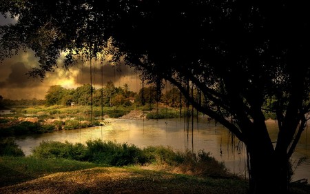 Sunset - lake, sky, houses, landscape, tree, sunset