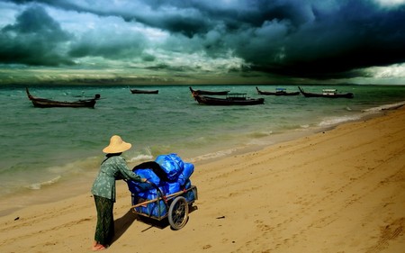 beach - sand, sky, clouds, ship, beach, boats