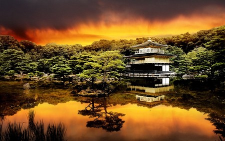 house by the lake - sky, lake, trees, forest, sunset, house