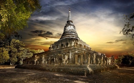 monument - trees, sunset, nature, monuments, architecture, sky