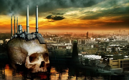 skull factory - sky, architecture, fantasy, clouds, city, factory, skull