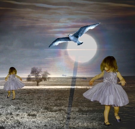 Innocence - girls, moon, trees, childhood, birds, landscapes, innocence