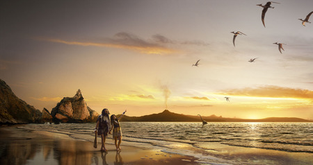 walk on the beach - birds, prehistory, people, beach, dinosaur, ocean, walk, fantasy, sunset, sky