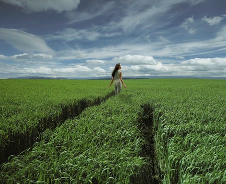 A Girl In Field !!! - nature, sky, girl, cloud, green, field