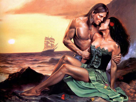 Romance at Sea - woman, ship, sea, love, man, fantasy art