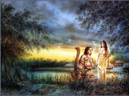 Indians - fantasy, sunset, nature, girl, indians, sky