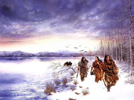 Hunters - sky, huntres, winter, indians, snow