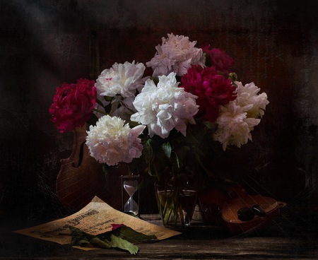 still life - nice, photography, water, hourglass, music, bouquet, still life, peonies, pretty, cool, peony, old, harmony, notes, lovely, vase, violins, beautiful, violin, flowers, photo, flower