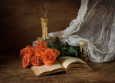 still life - pretty, roses, book, hourglass, photo, candlestick, flowers, nice, beautiful, photography, candle, lovely, cool, still life, flower, bouquet, harmony, rose