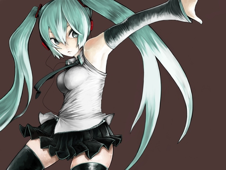 Hatsune Miku - aqua, headset, music, anime girl, white, art, cool, aqua eyes, artistic, hatsune miku, skirt, song, vocaloids, program, vocaloid, beautiful, uniform, diva, nice, beauty, twintail, singer, aqua hair, black, virtual, pretty, idol, anime, miku, cute, girl, cg, hatsune, microphone, headphones, tie, digital, awesome, outfit