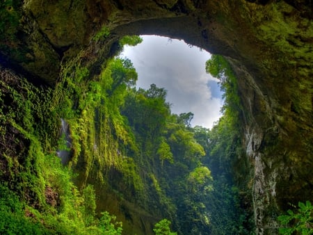 Hole in the Wall - trees, nature, green, rock, cliffs, sky, canyon