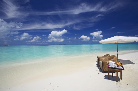 Breakfast in paradise - ocean, beach, sky, blue sky, beach umbrella, chair, clouds, blue, umbrella, beautiful, sea, sand, tropical beach