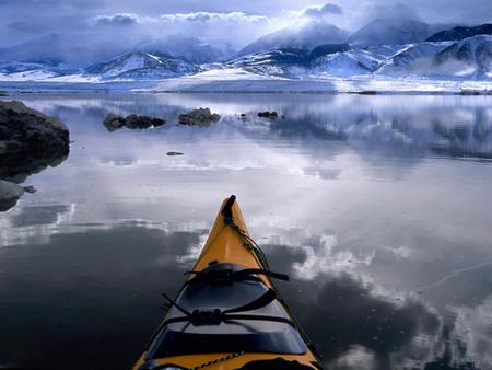 Winter-Canoeing - clouds, winter, nature, reflection, sky, cano