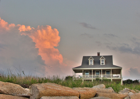 Beautiful place - rocks, beautiful, photo, sun, abstract, peaceful, grass, shore, sky, places, clouds, view, image, house, favorite