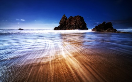 beauty of seascape - water, blue, beach, wet, ocean, reflection, sand, nature, sky, rocks