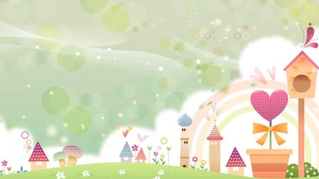 Sweet Summer Scene - sky, houses, summer, bird house, hearts, green, homes, flowers, grass, firefox persona