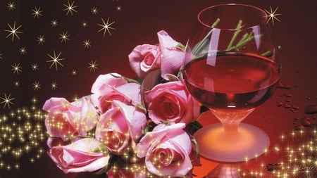 An Evening to Remember - stars, glass, roses, wine, red, romance, flowers, sparkles, firefox persona