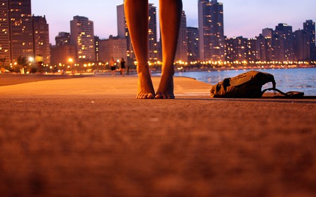 City At Your Feet - buidings, water, night, skyscrapers, legs, beautiful, city, architecture, feet, lights