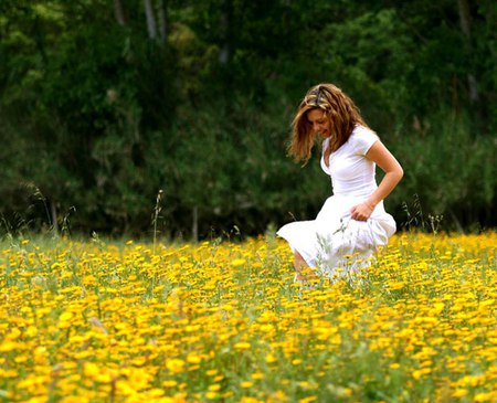 Enjoy the day - lady, yellow flowers, girl, summer, field, white dress, beautiful lady, nature, forest, yellow, green, flowers, sunny day