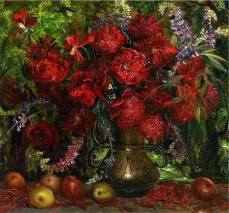 Shirokova Inna. Red peony - red, flower, fruit, still life, painting, shirokova inna, art