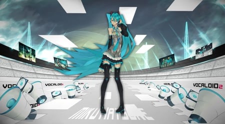 Hatsune Miku - tie, pretty, artistic, stage, uniform, headphones, nice, program, thighhighs, bass, city, beauty, virtual, cg, white, lights, cute, song, outfit, vocaloid, anime, twintail, hatsune miku, megaphone, microphone, music, aqua, art, idol, anime girl, skirt, beautiful, singer, girl, cool, black, glow, miku, awesome, diva, digital, hatsune, vocaloids, headset