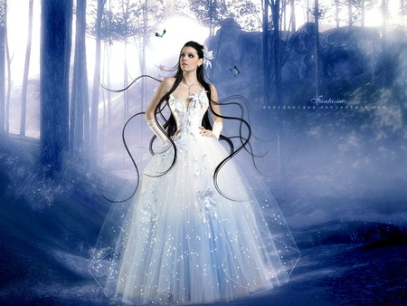 Bride in mist - woman, people, blue, bride, fantasy, mist