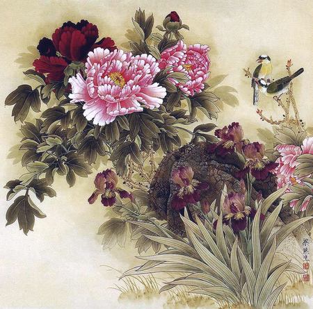 Liang Yansheng *  Peonies and Irises - liang yansheng, painting, peonies, art, irises, flower