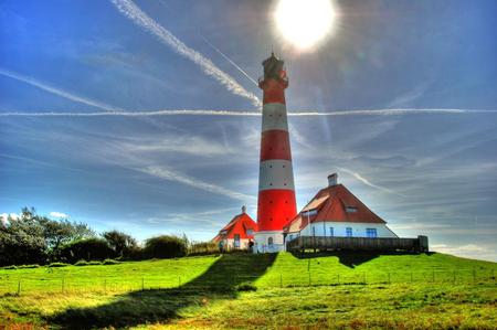 Lighthouse Westerheversand - sky, lighthouse, meadow, sun