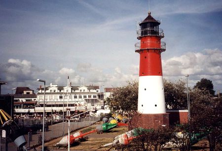 Lighthouse Buesum - houses, lighthouse, street, trees