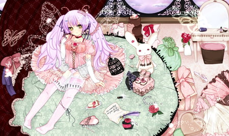 anime - sleep, blue eyes, animals, long hair, purple hair, cafe, dress