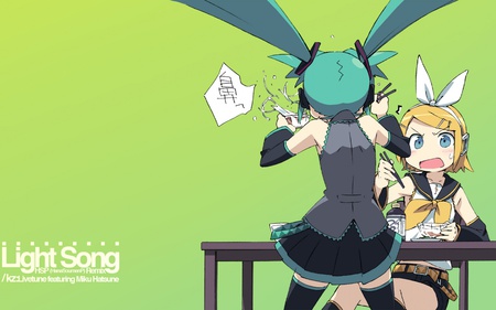 Vocaloid - long hair, kagamine rin, uniform, aqua hair, hatsune miku, green