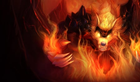 Warwick - The Blood Hunter - tundra hunter, wolfman splash, warwick, video game, fantasy, fire, cg, wolf, hd, warwick - the blood hunter, warwick- tundra hunter, adventure, league of legends, the blood hunter, wolfman, splash