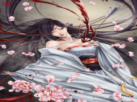 Arrow Blood - beauty, woman, hurt, hot, female, bad, blood, anime girl, original, rose, japan clothes, arrow blood, cherry blossom, shot, arrow